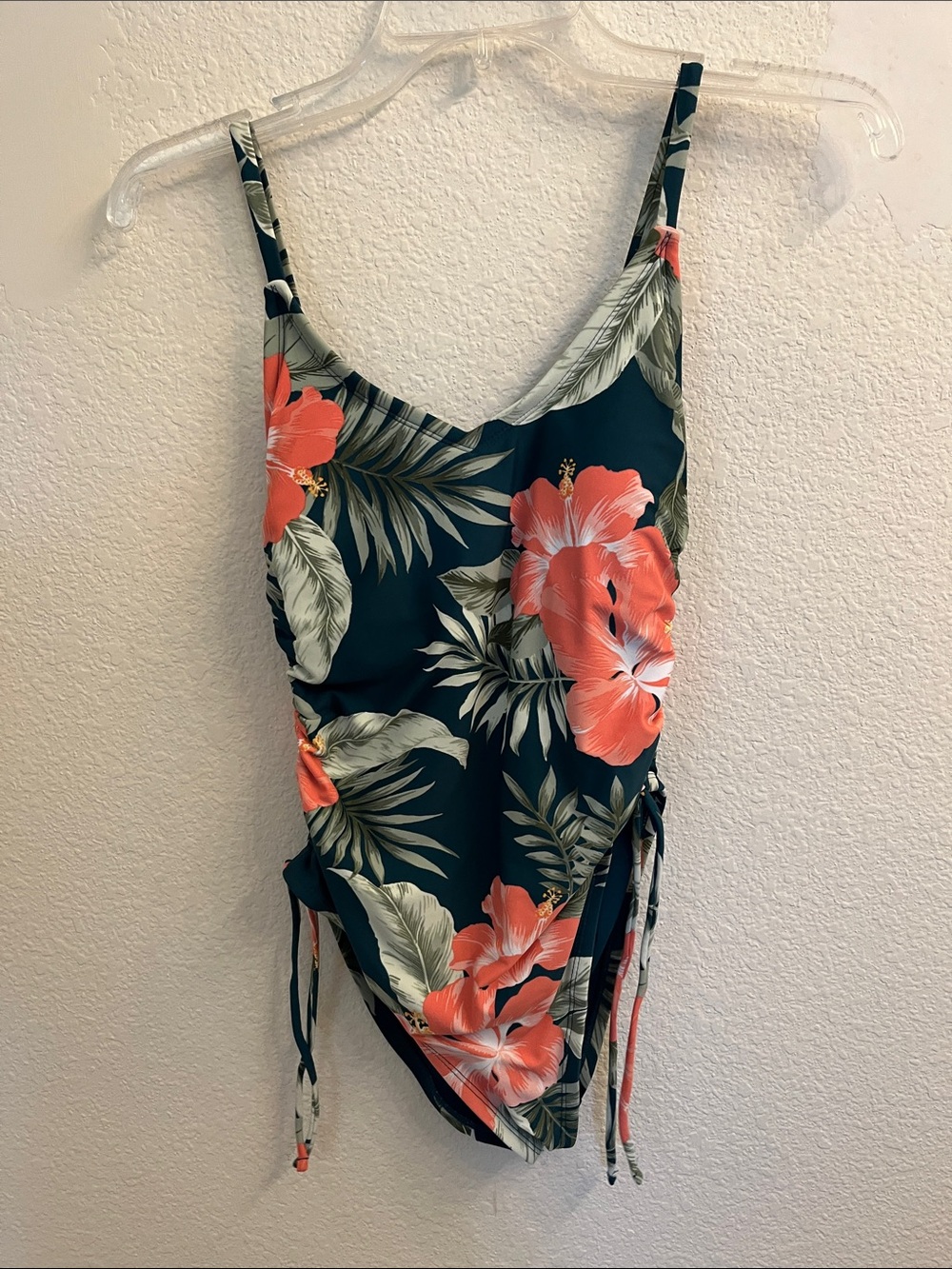 Kona Sol Dark Green One-Piece Swimsuit with Coral Floral Print